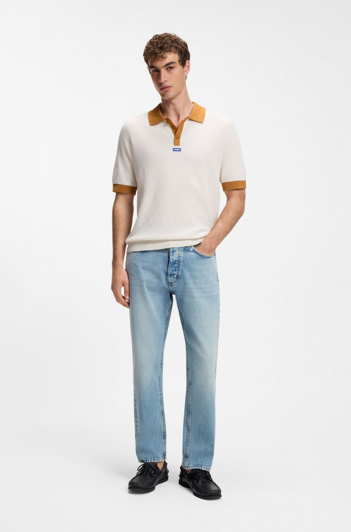 Waffle-knit polo in cotton with contrast trims, Natural