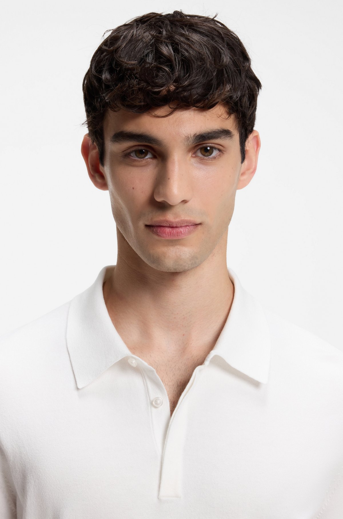 Slim-fit knit polo, Natural