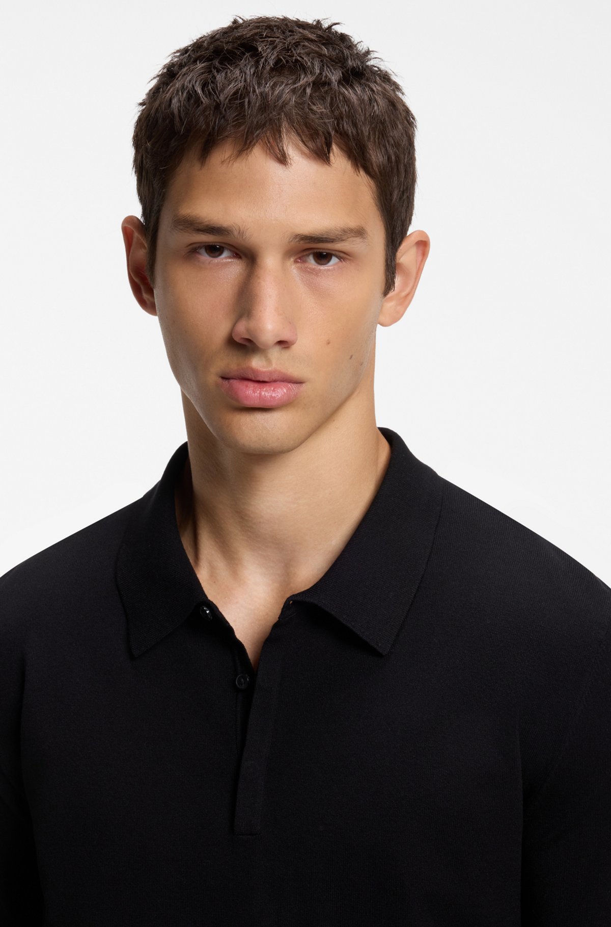 Slim-fit knit polo, Black