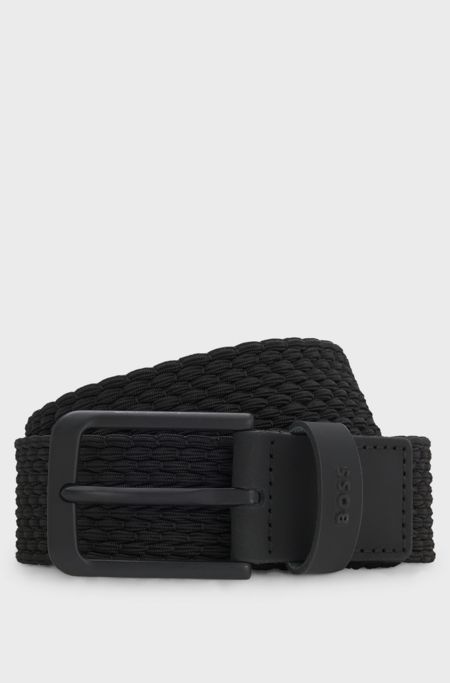 Leather-trimmed woven belt, Black