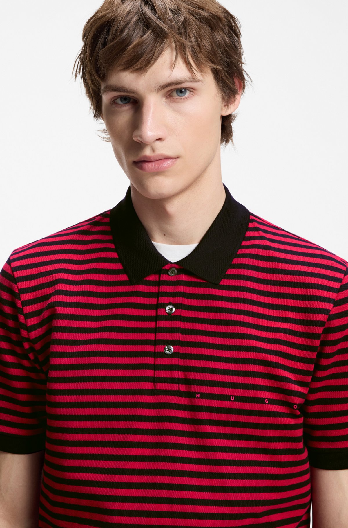 Cotton-piqué polo shirt with horizontal stripe, Black / Red