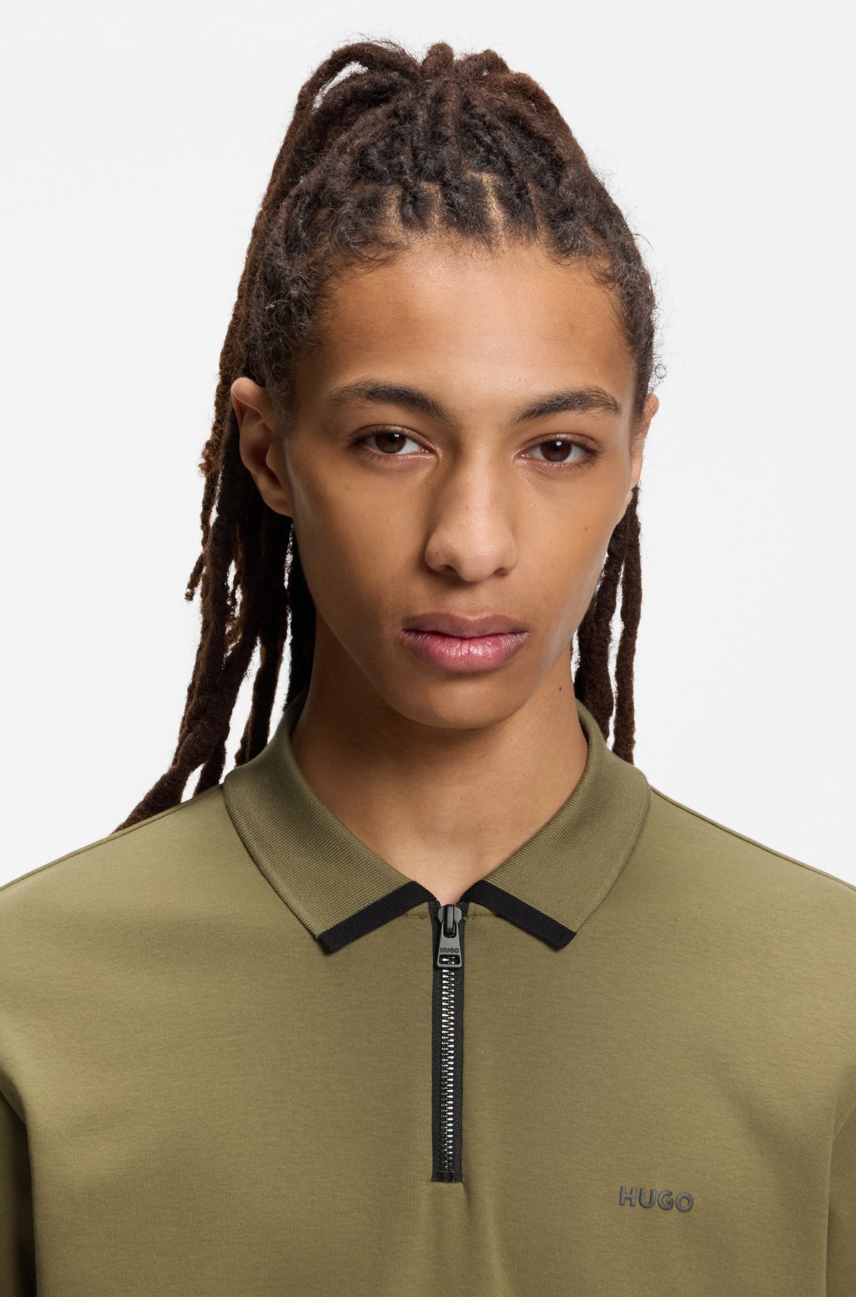 Cotton piqué polo shirt with zip neckline, Olive