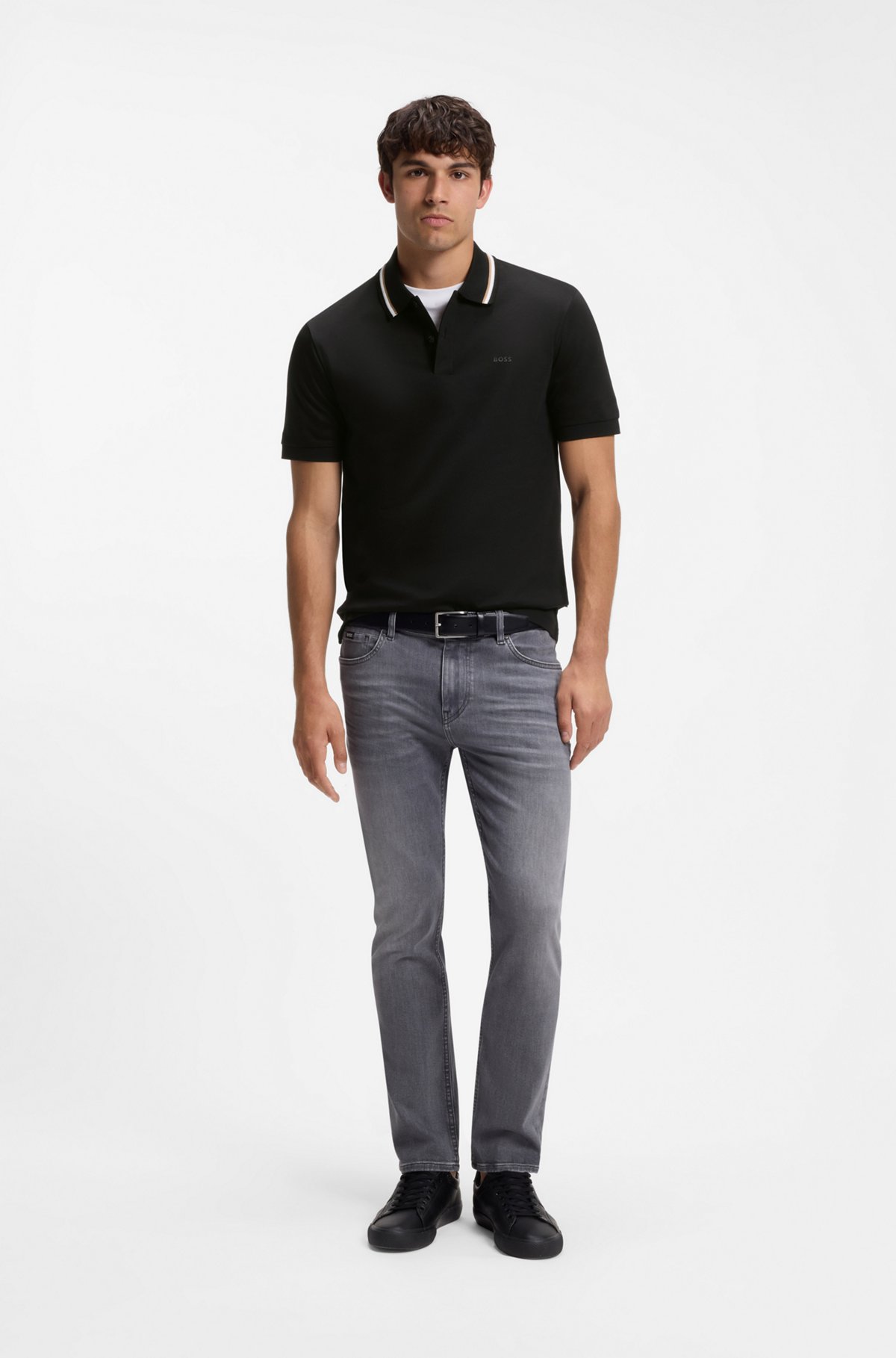 Slim-fit polo shirt in cotton with striped collar, Black