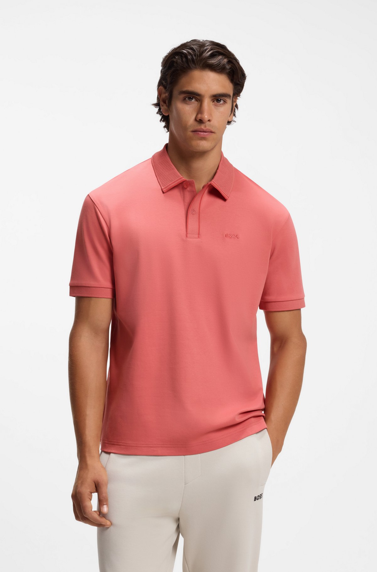 Striped-trim polo shirt in interlock cotton, Coral