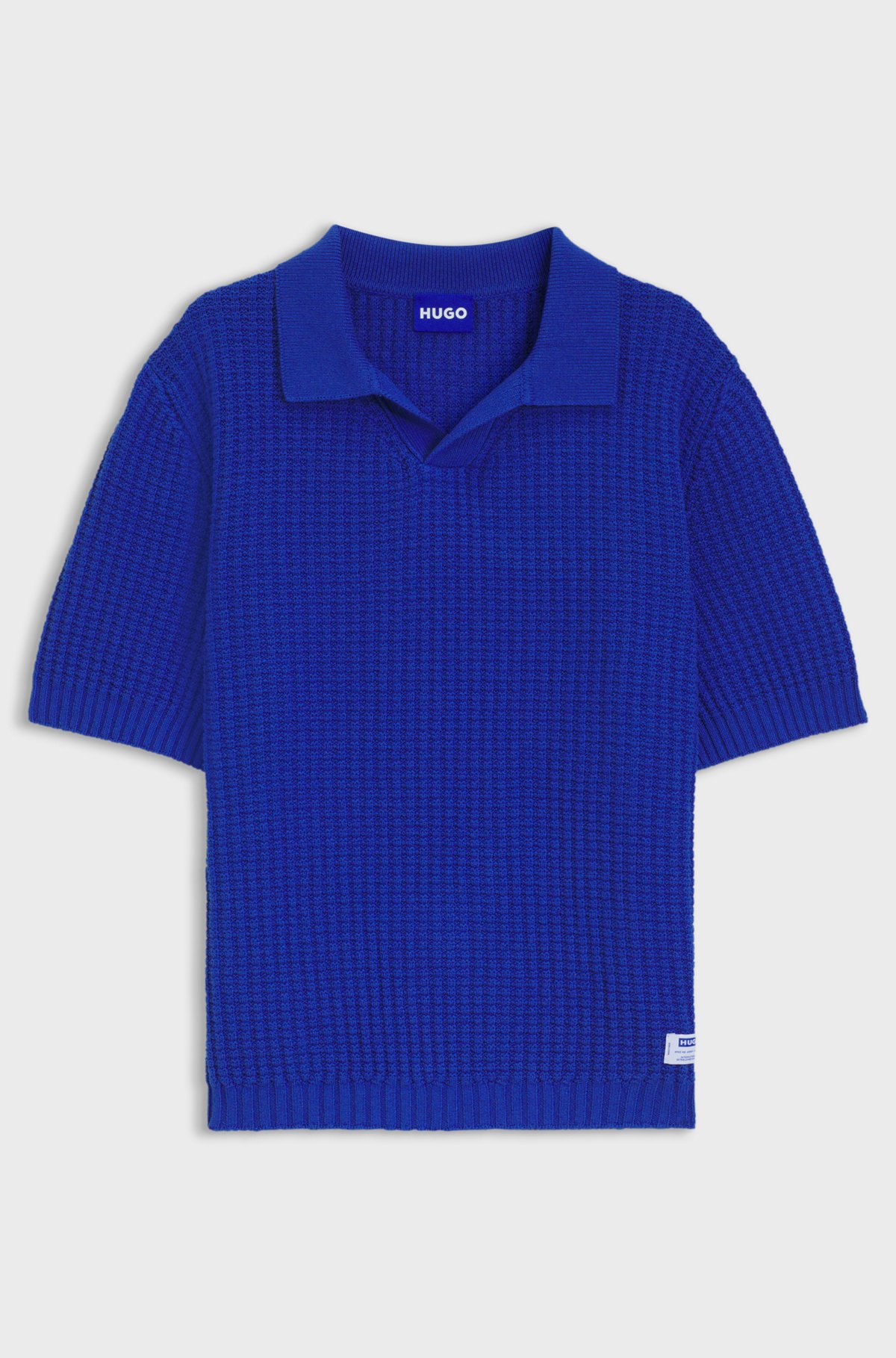 Waffle-structure knit polo with Johnny collar, Blue