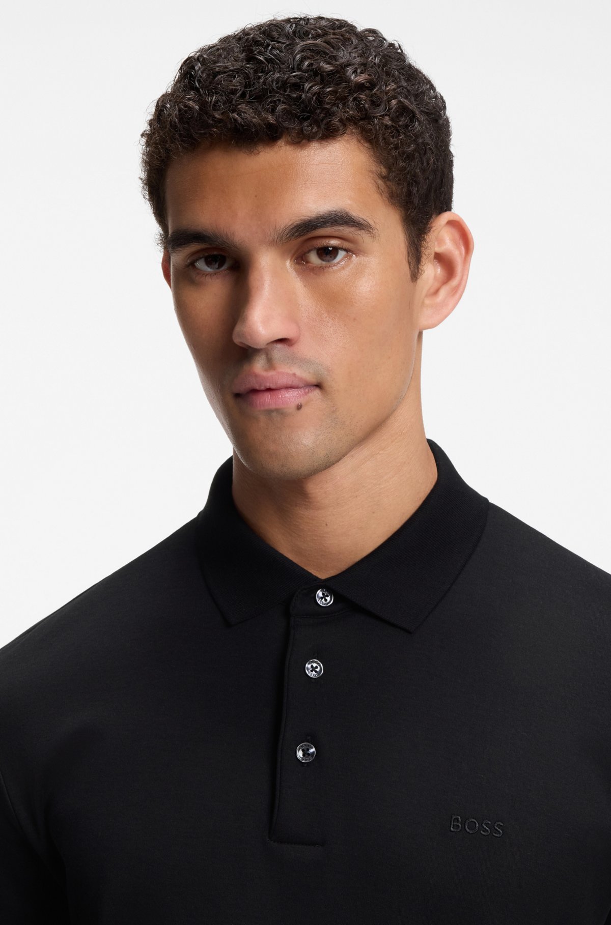 Long-sleeved polo shirt in interlock cotton with logo, Black