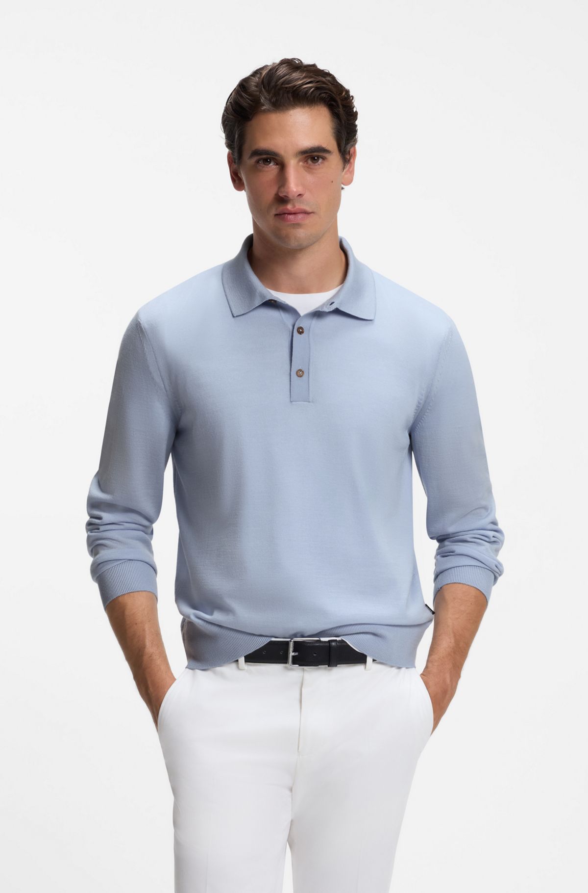 Merino-wool polo sweater, Light Blue