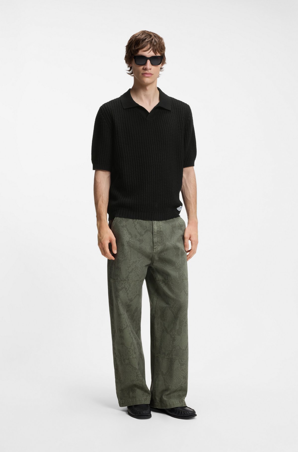 Waffle-structure knit polo with Johnny collar, Black