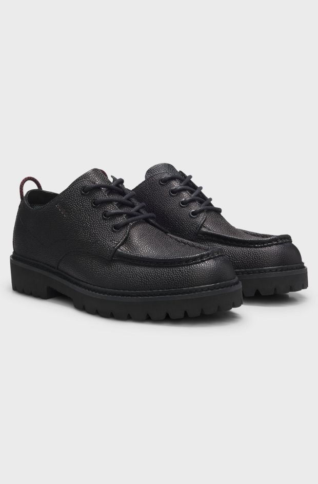 Derby shoes in grained leather with lug sole, Black