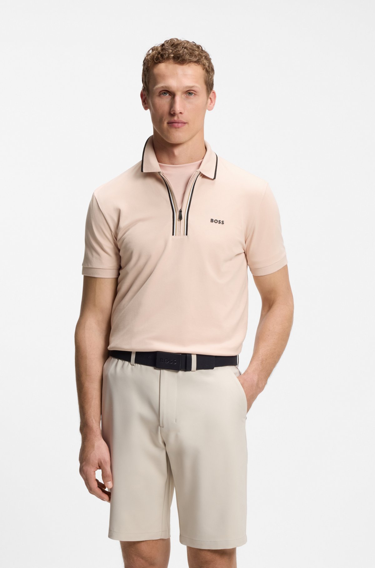Active Slim-fit polo shirt in moisture-wicking stretch cotton, Light Pink
