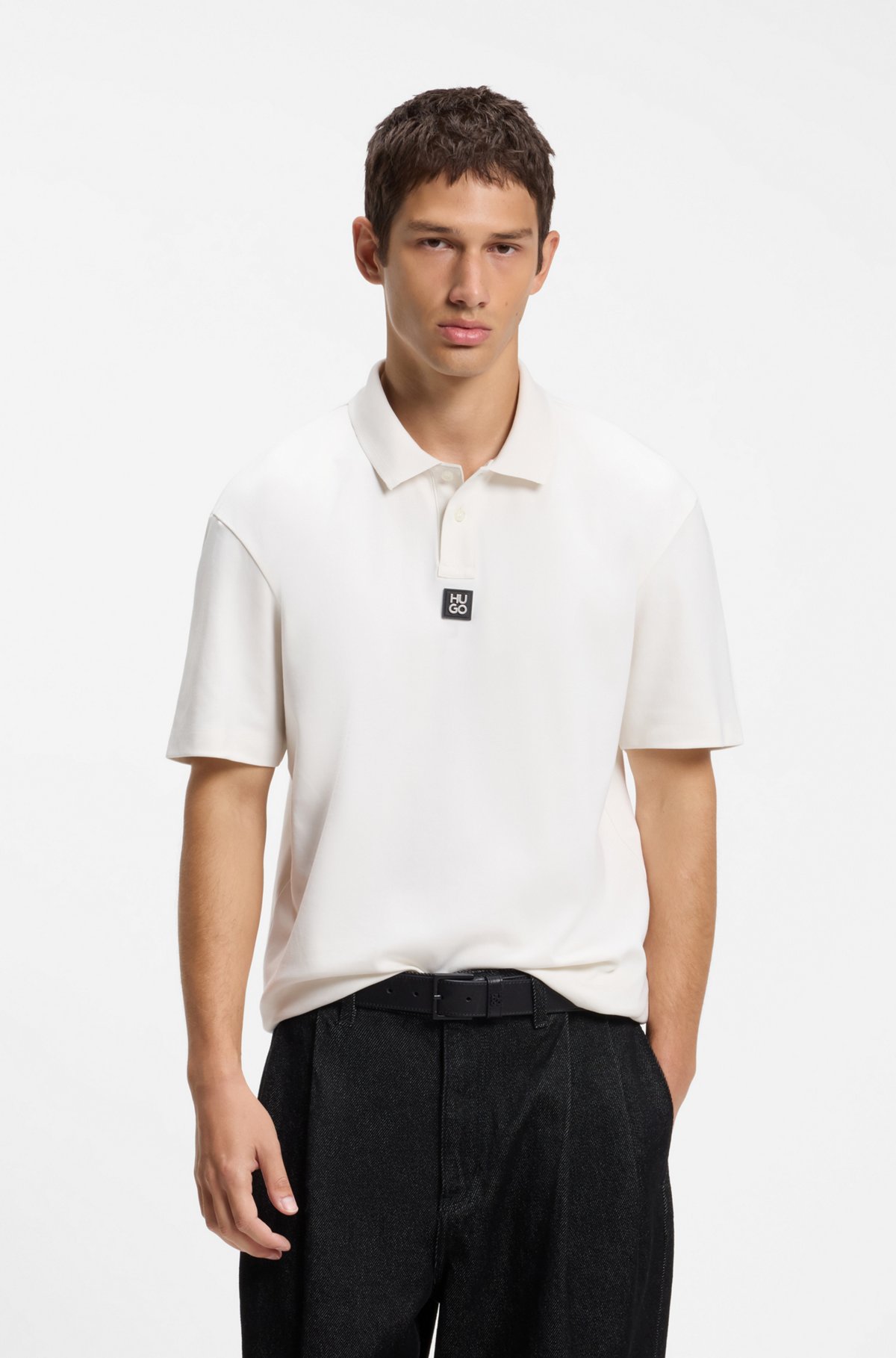 Interlock-cotton polo shirt with stacked logo, Natural