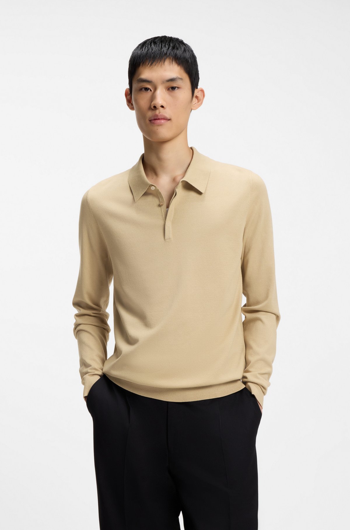 Slim-fit knit polo, Beige