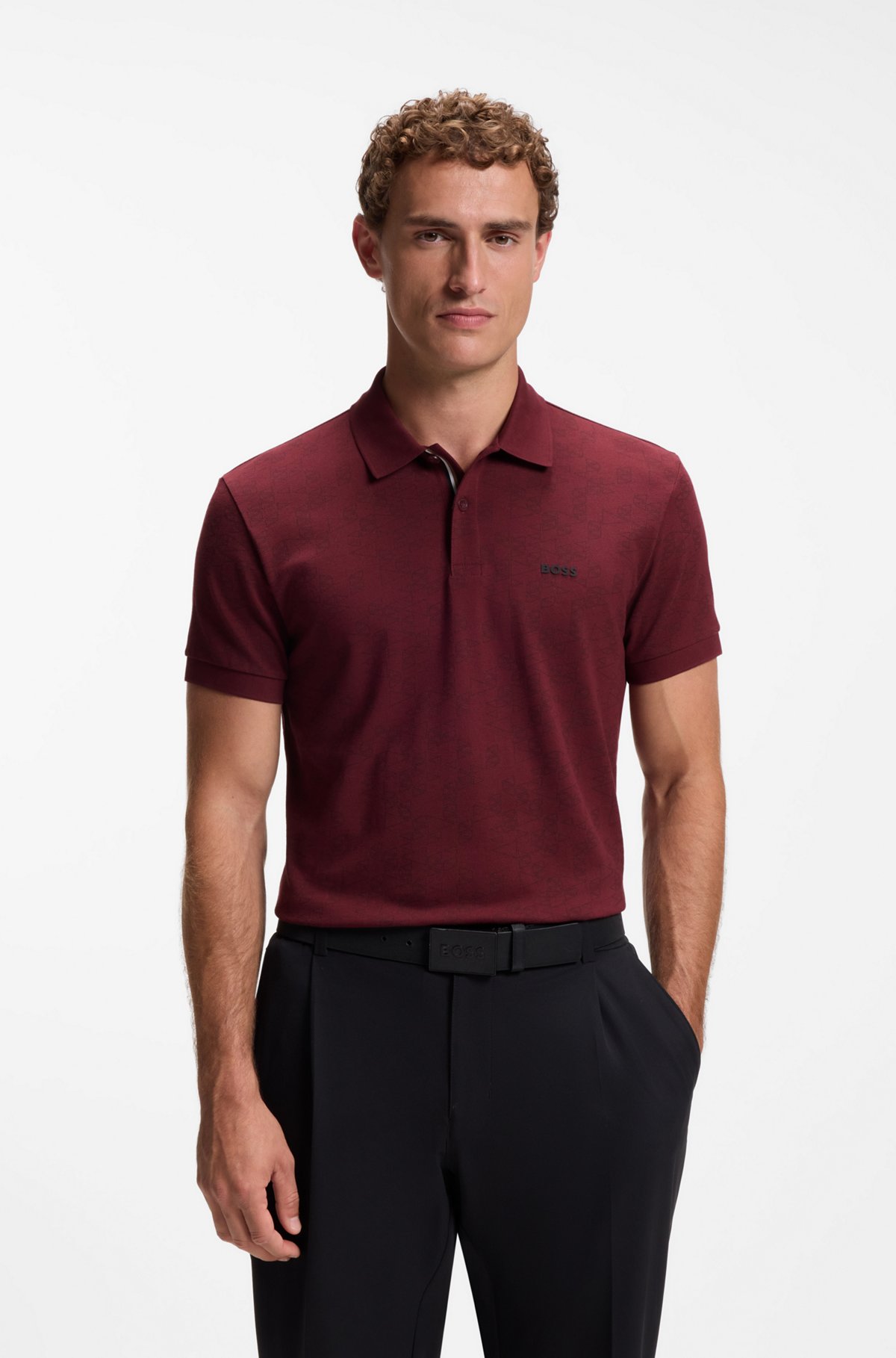 Cotton-piqué polo shirt with all-over print, Dark Red