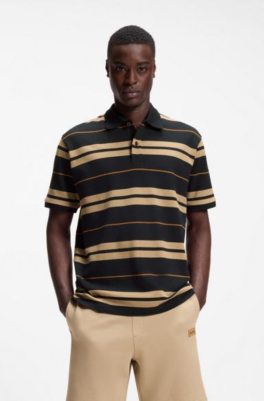 Regular-fit polo in cotton piqué with engineered stripes, Blue / Beige
