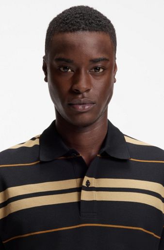 Regular-fit polo in cotton piqué with engineered stripes, Blue / Beige