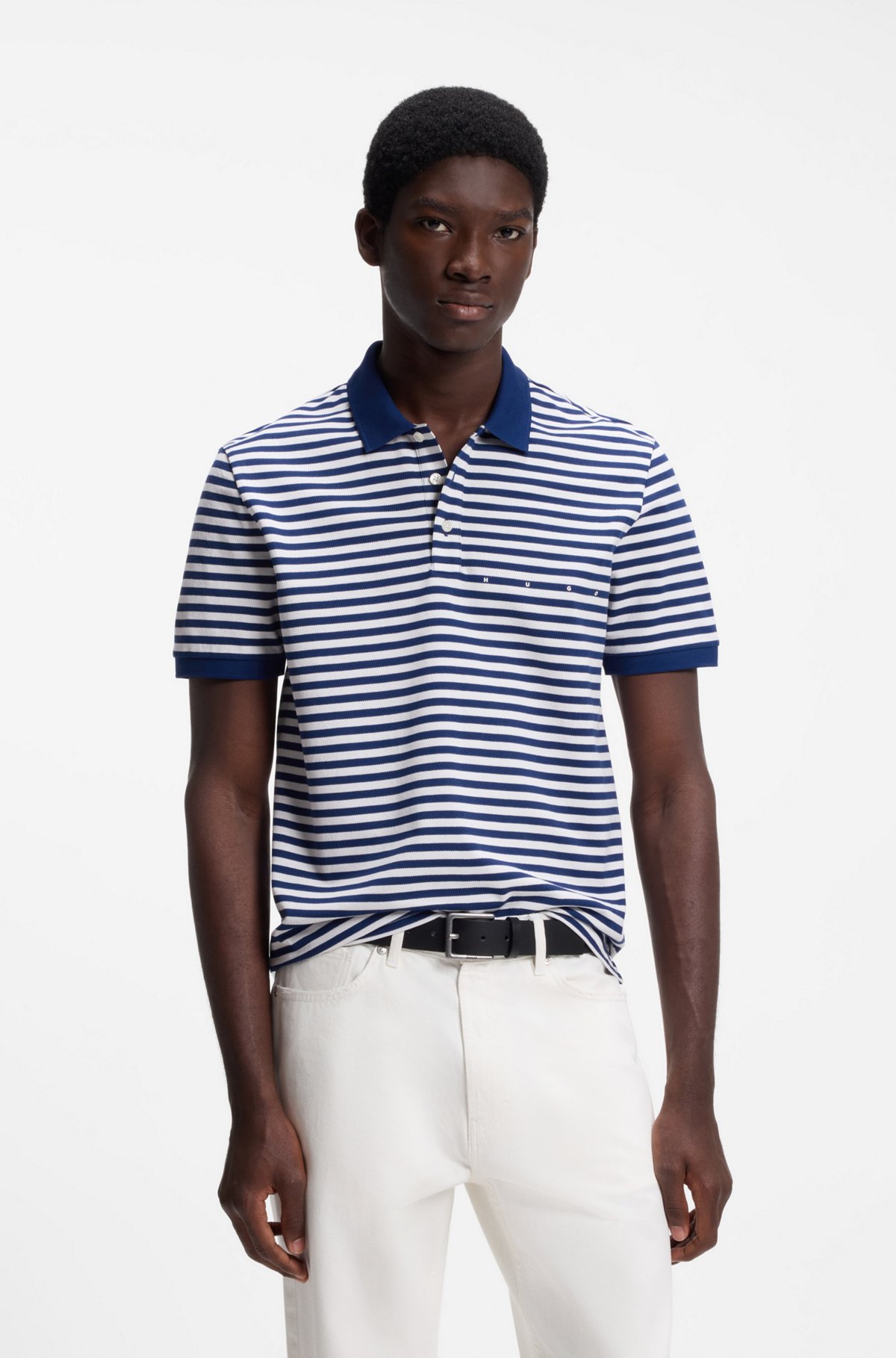Cotton-piqué polo shirt with horizontal stripe, White / Blue