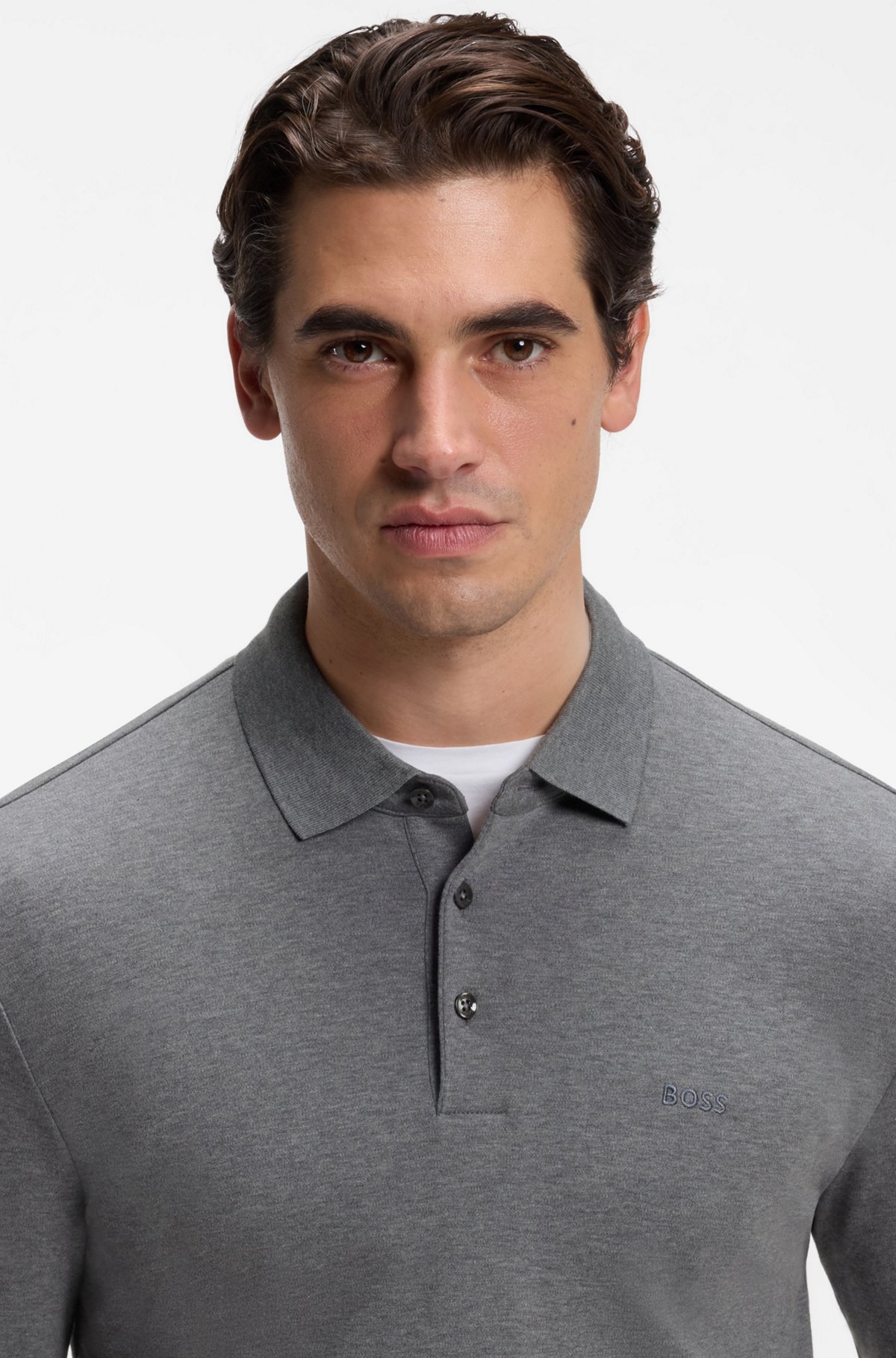 Long-sleeved polo shirt in interlock cotton with logo, Grey