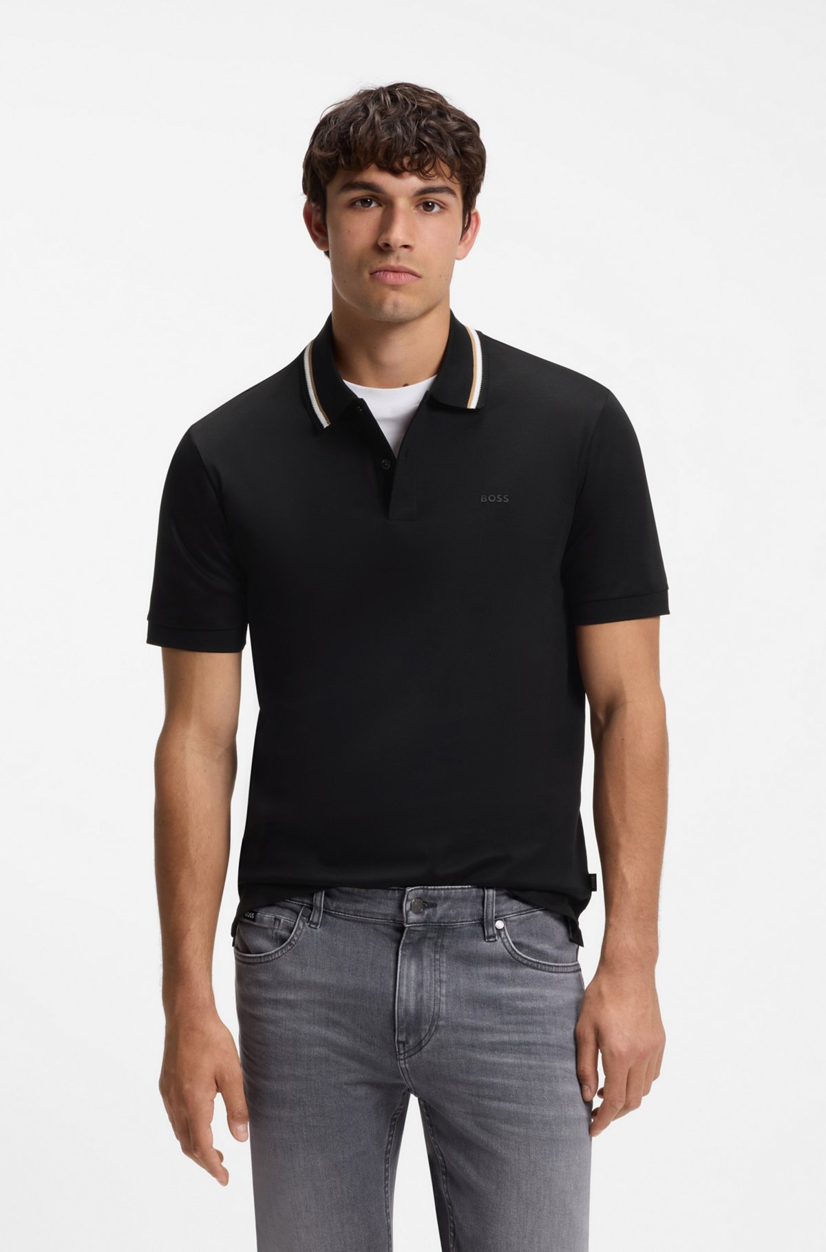 Slim-fit polo shirt in cotton with striped collar, Black