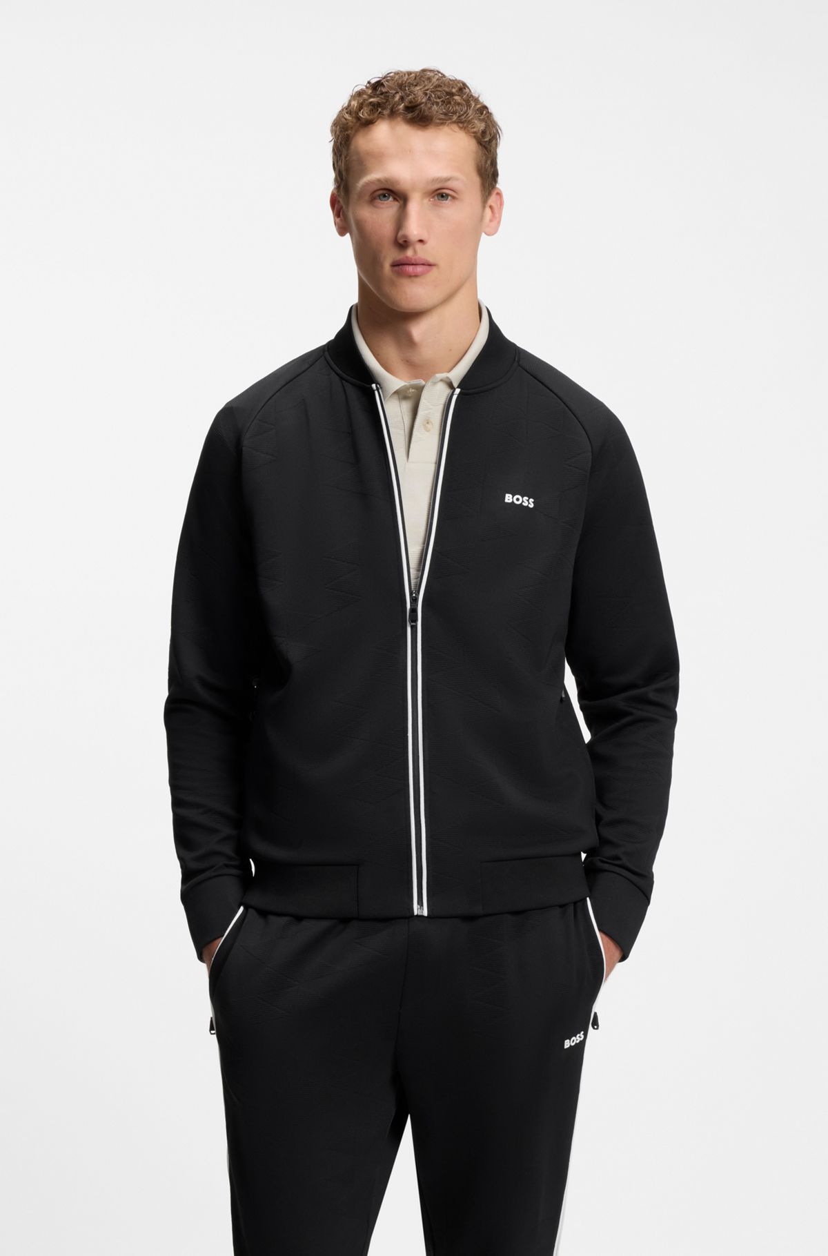 Triangle-jacquard zip-up sweatshirt with rubberised logo, Black