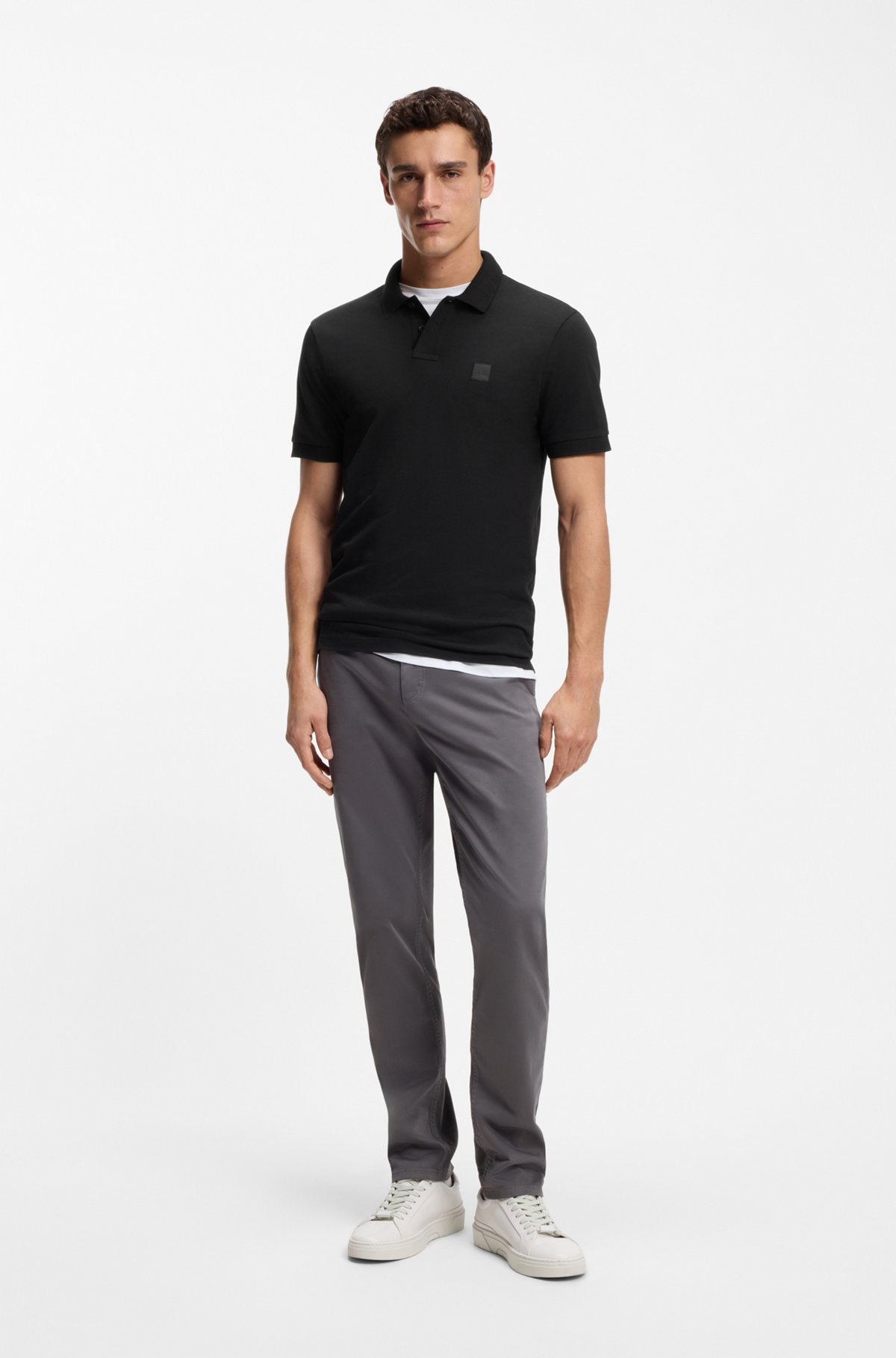 Stretch-cotton slim-fit polo shirt with logo patch, Black
