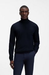 Slim-fit rollneck sweater in extra-fine merino wool, Dark Blue
