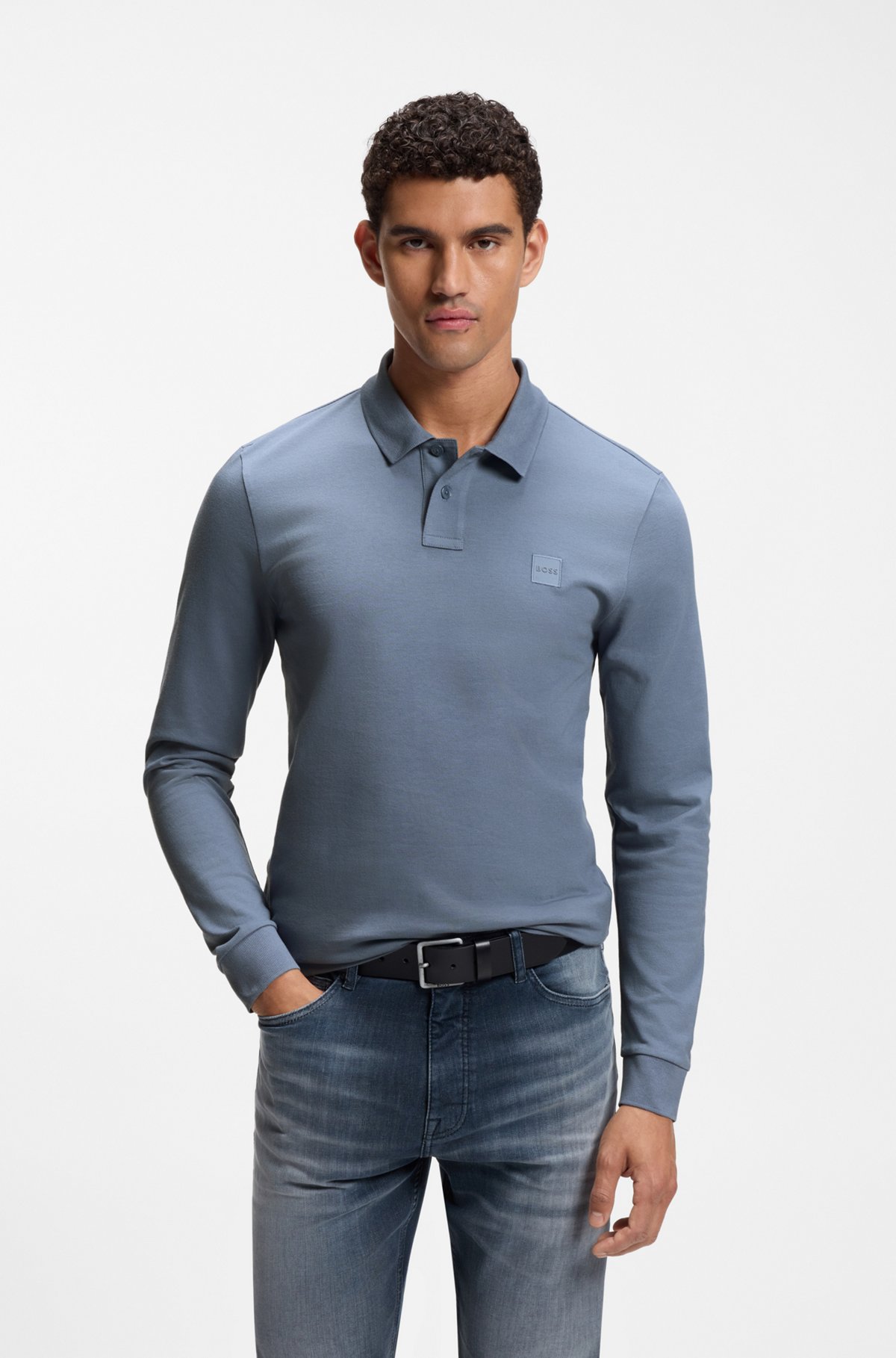 Slim-fit polo shirt in stretch-cotton piqué, Blue