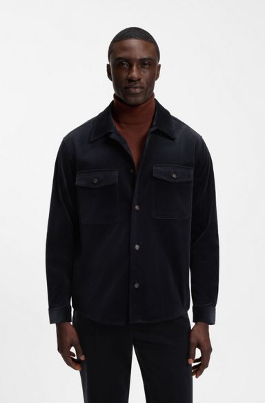 Relaxed-fit blazer in micro-pattern stretch cotton, Dark Blue