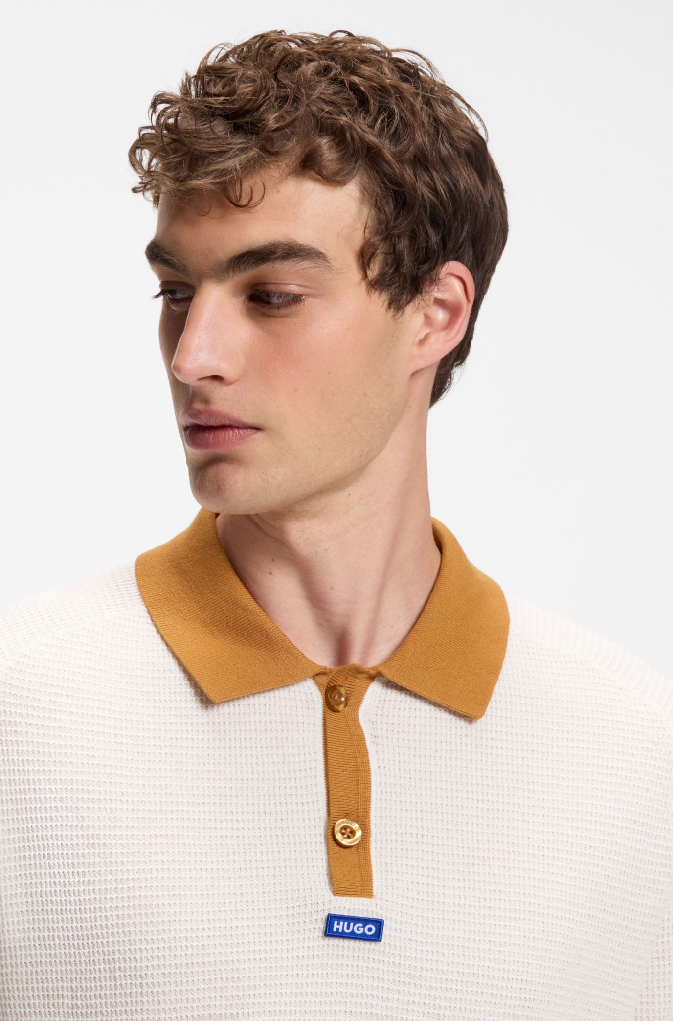 Waffle-knit polo in cotton with contrast trims, Natural