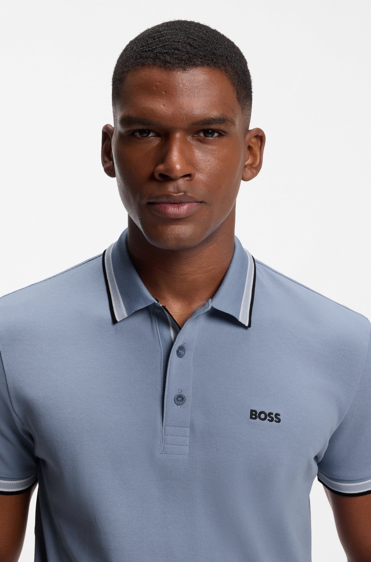Cotton piqué polo shirt with logo details, Light Blue