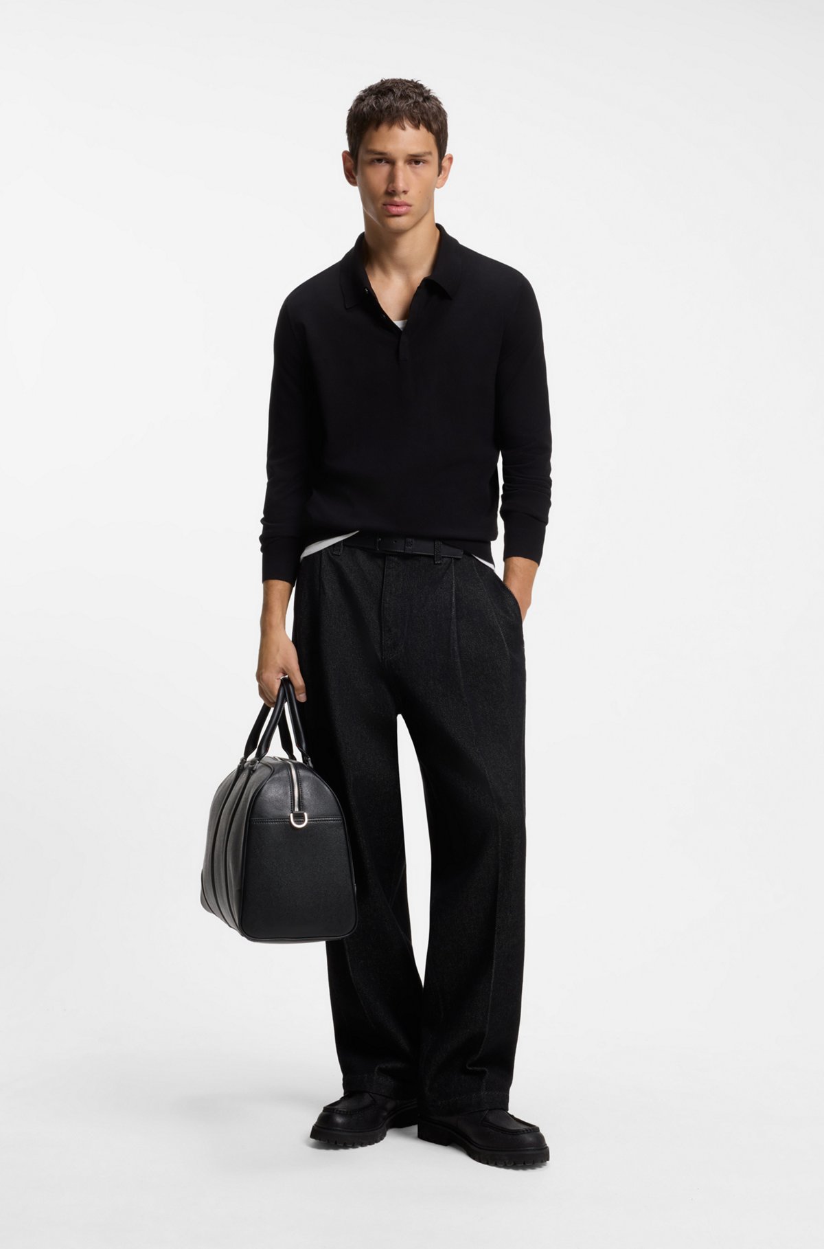 Slim-fit knit polo, Black