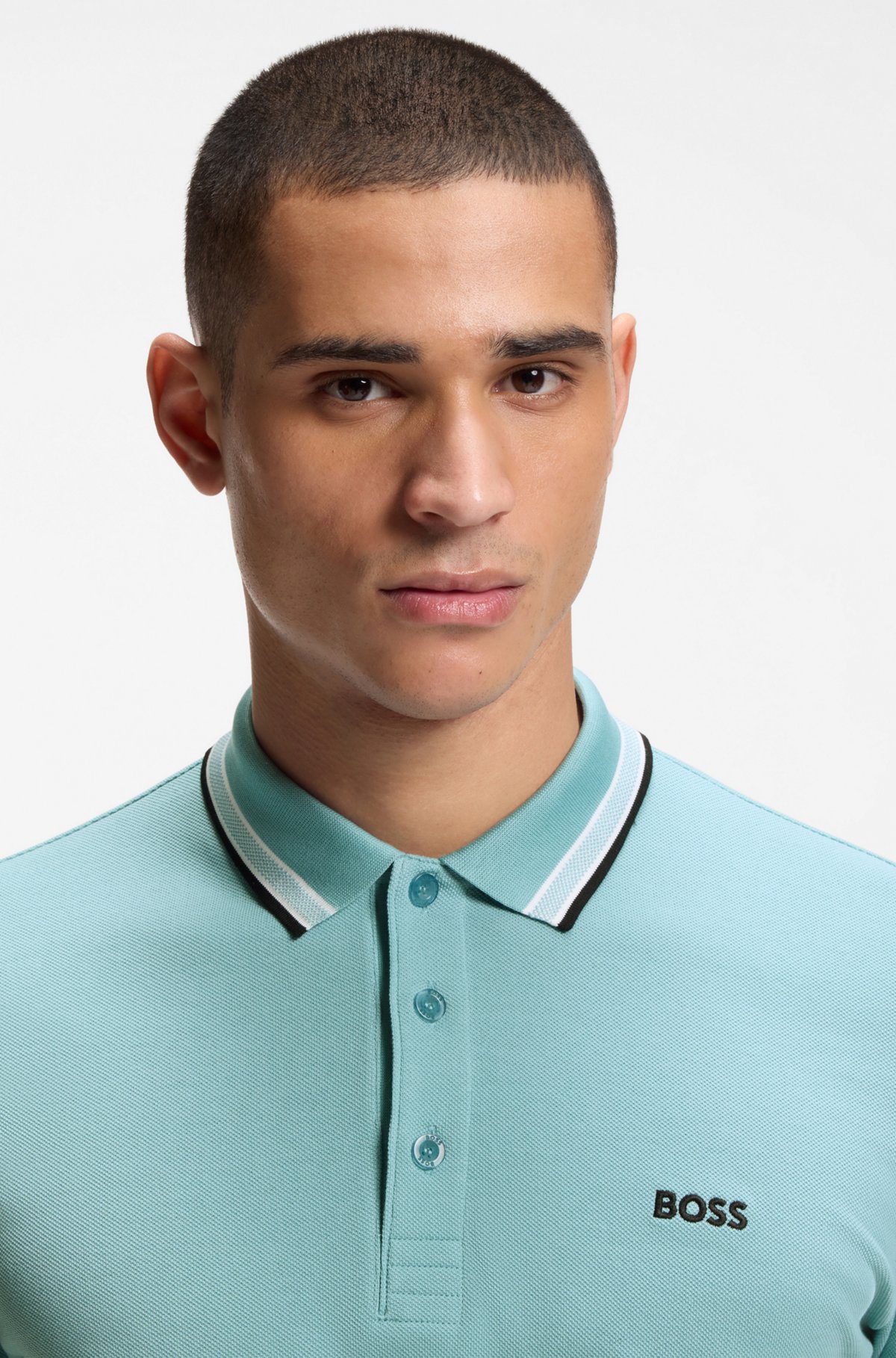 Cotton piqué polo shirt with logo details, Light Blue