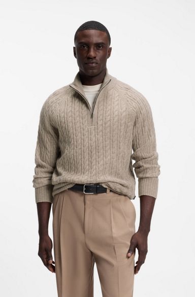 Zip-neck sweater with an all-over cable pattern, Light Brown