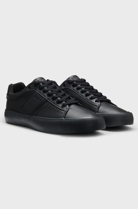Faux-leather trainers with plain and grained textures, Black