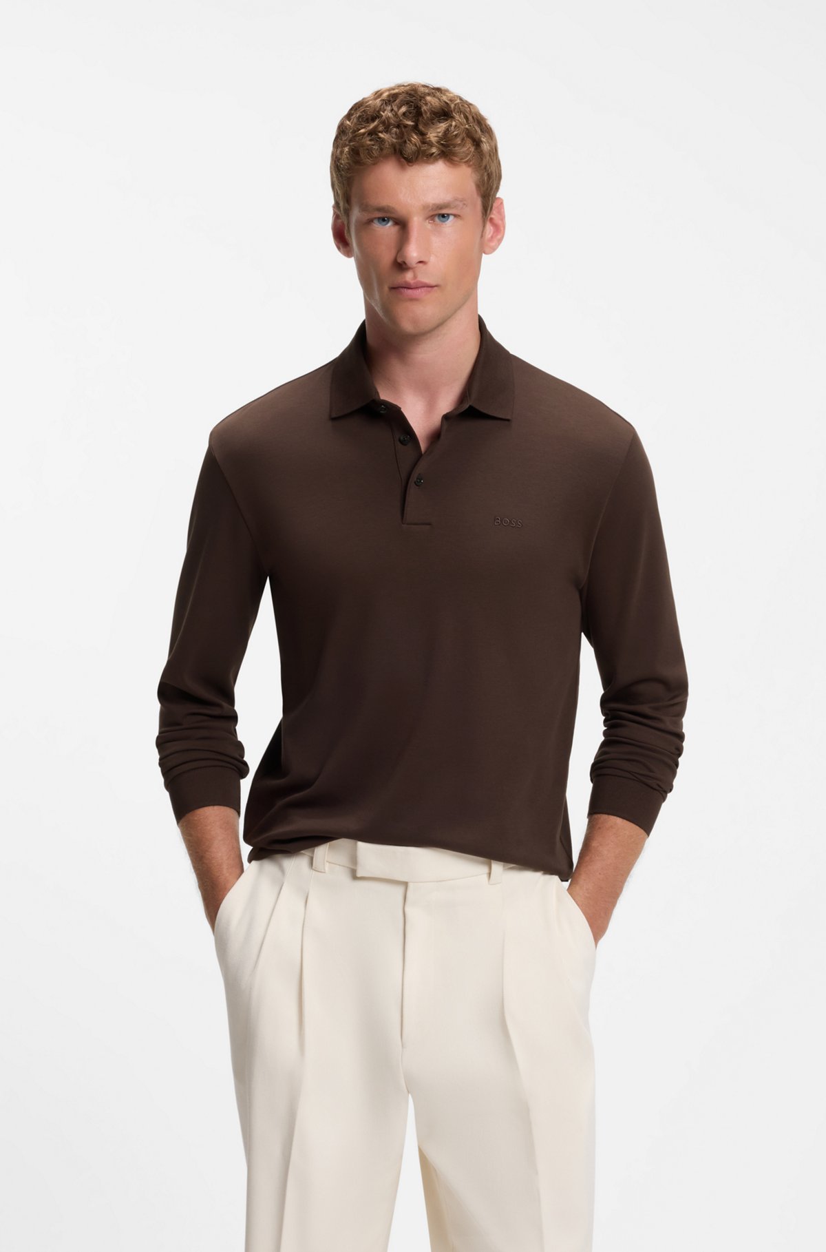 Long-sleeved polo shirt in interlock cotton with logo, Dark Brown
