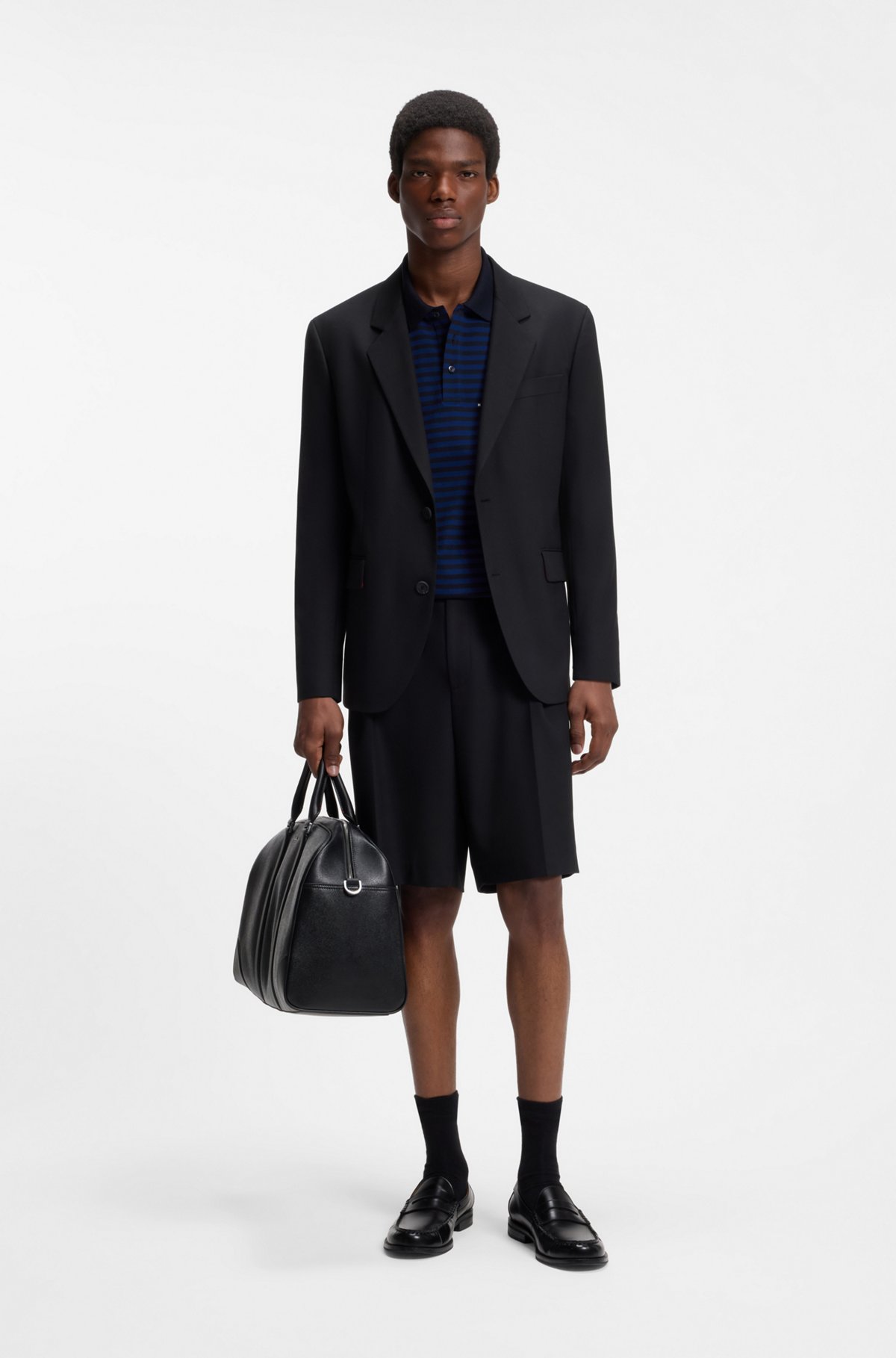 Cotton-piqué polo shirt with horizontal stripe, Black / Dark Blue