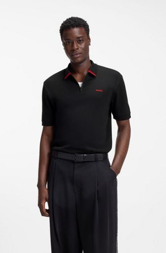 Cotton piqué polo shirt with zip neckline, Black