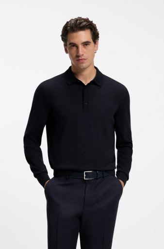 Merino-wool polo sweater, Dark Blue
