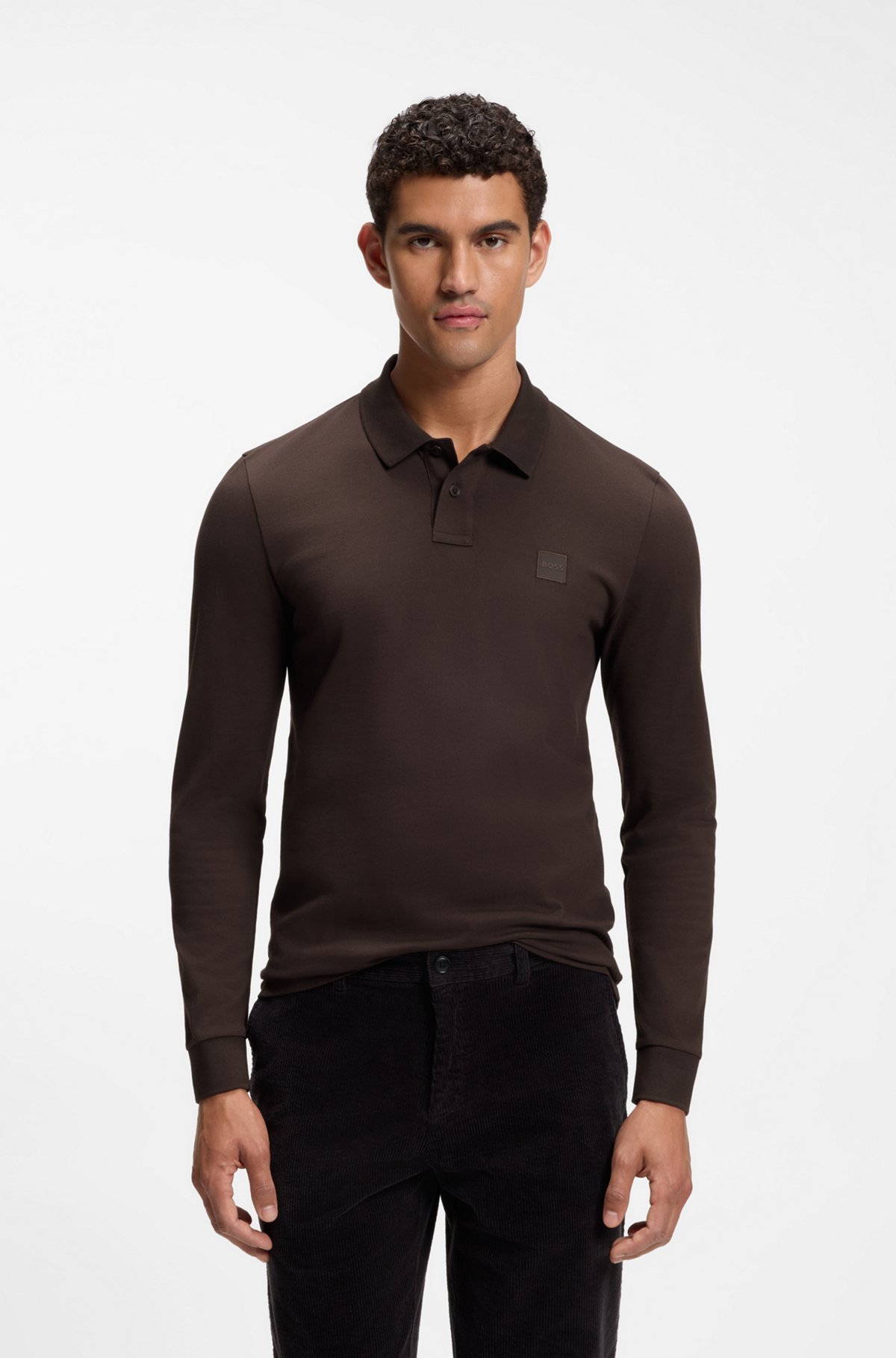 Slim-fit polo shirt in stretch-cotton piqué, Dark Brown