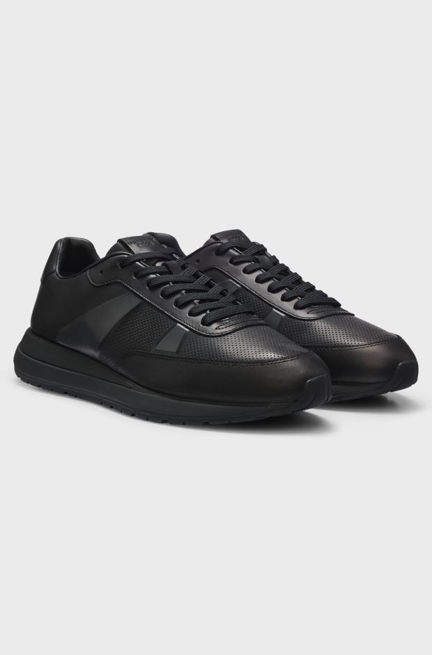 Porsche x BOSS leather trainers with perforated details, Black