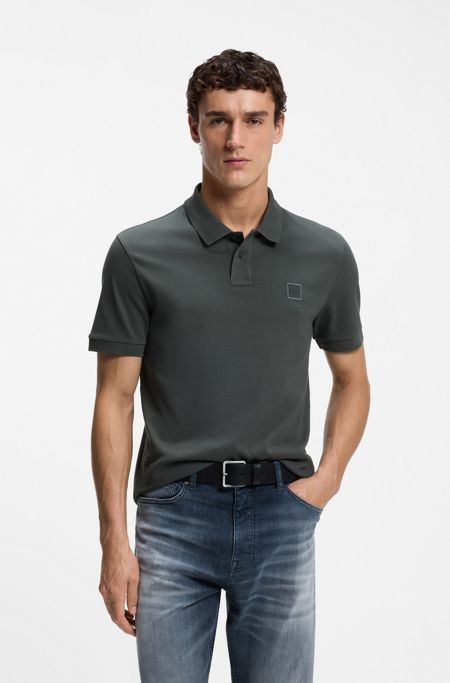 Stretch-cotton slim-fit polo shirt with logo patch, Dark Green