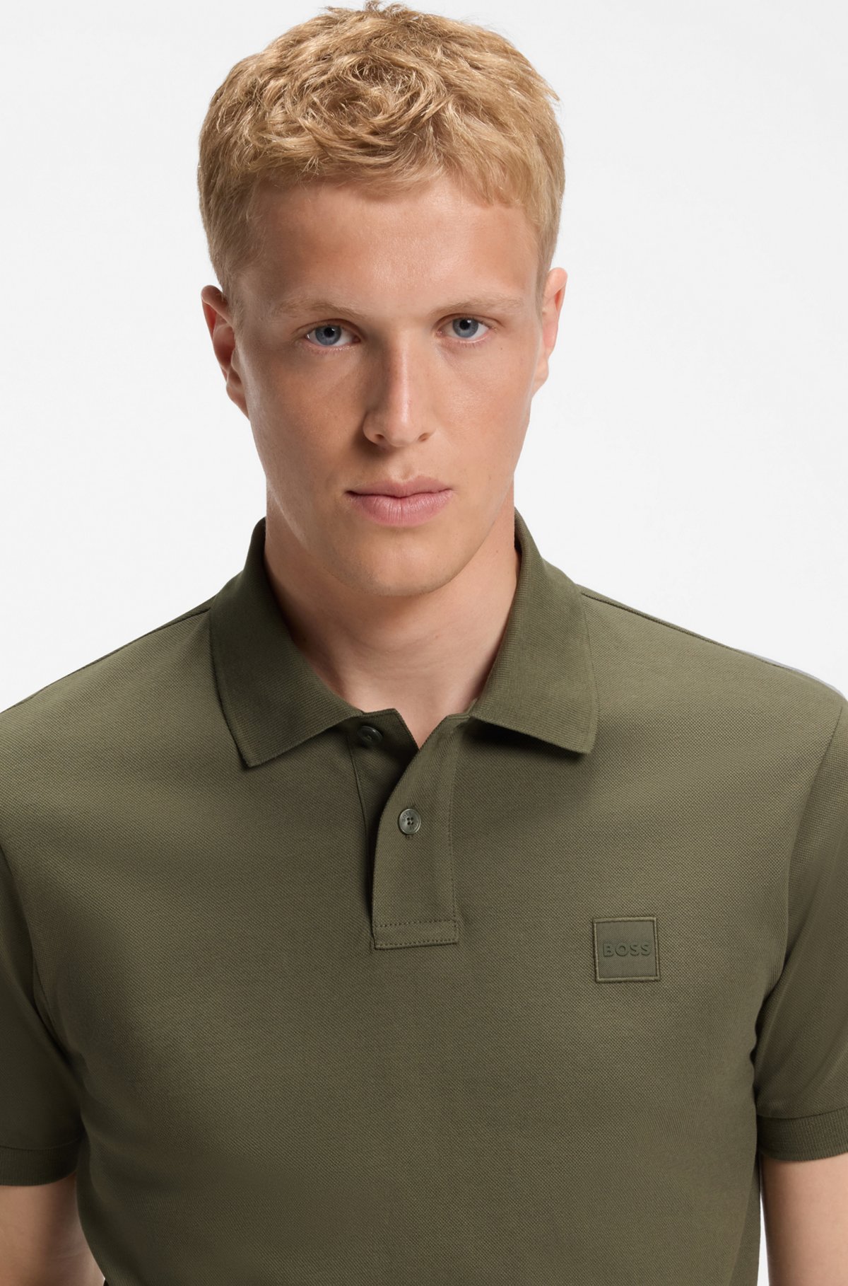 Stretch-cotton slim-fit polo shirt with logo patch, Olive