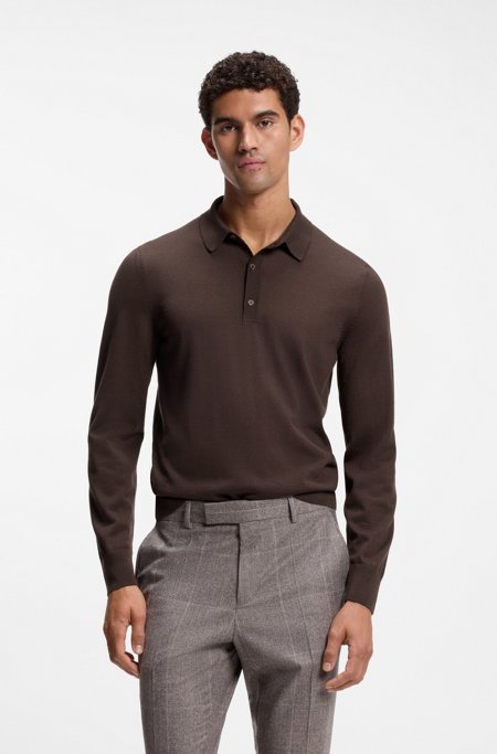 Merino-wool polo sweater, Dark Brown