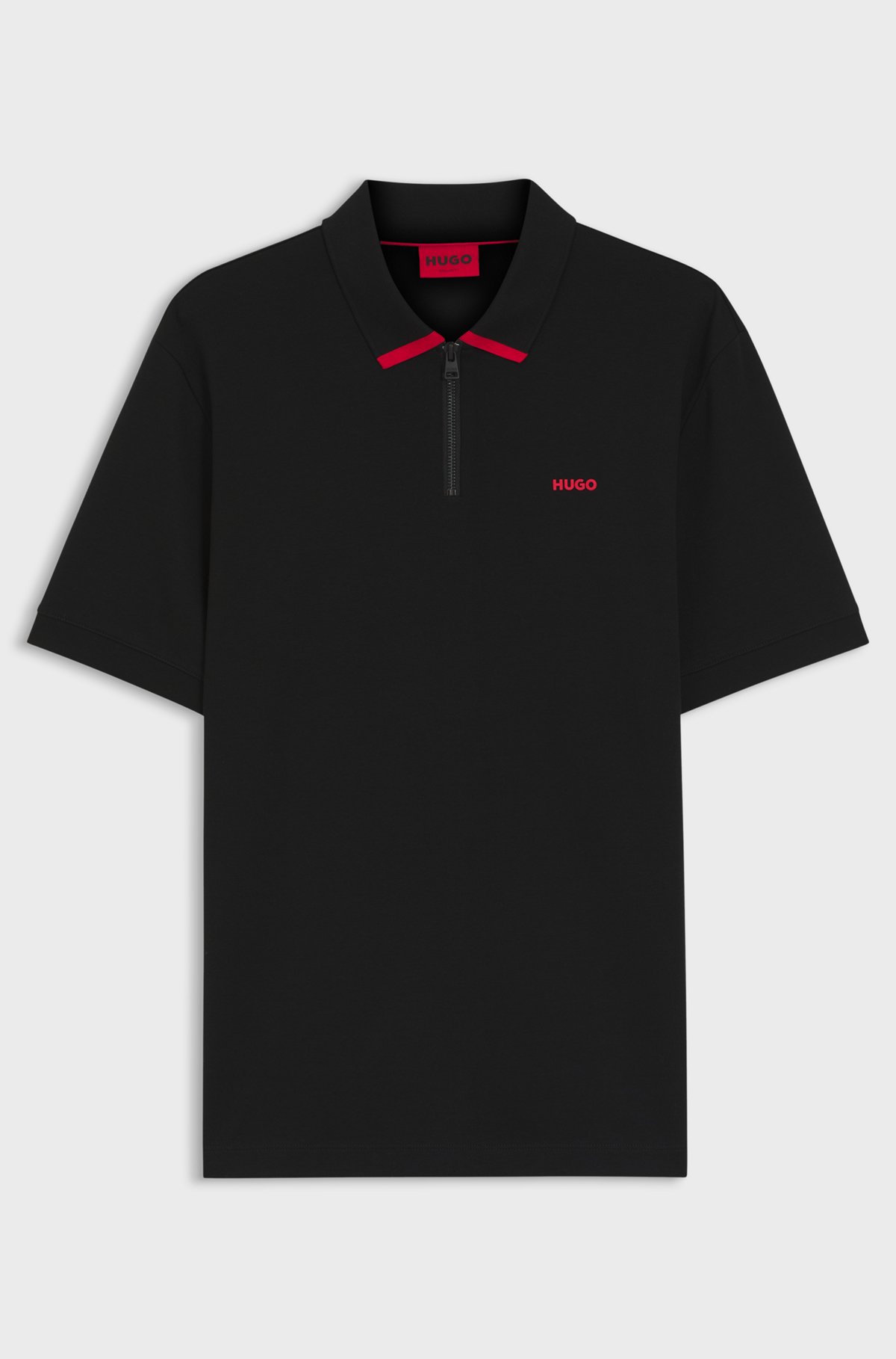 Cotton piqué polo shirt with zip neckline, Black
