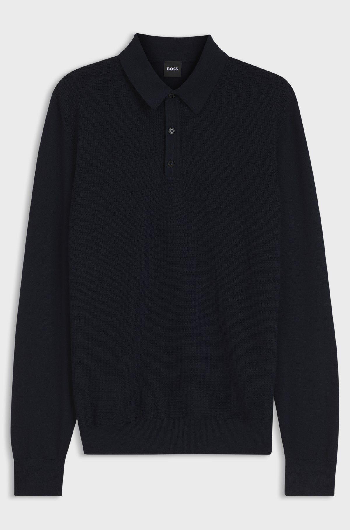 Mixed-structure knit polo in a wool blend, Dark Blue