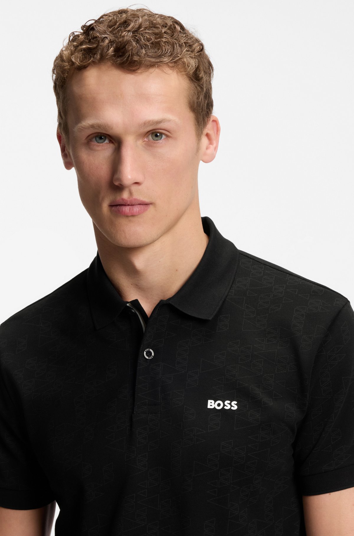 Cotton-piqué polo shirt with all-over print, Black