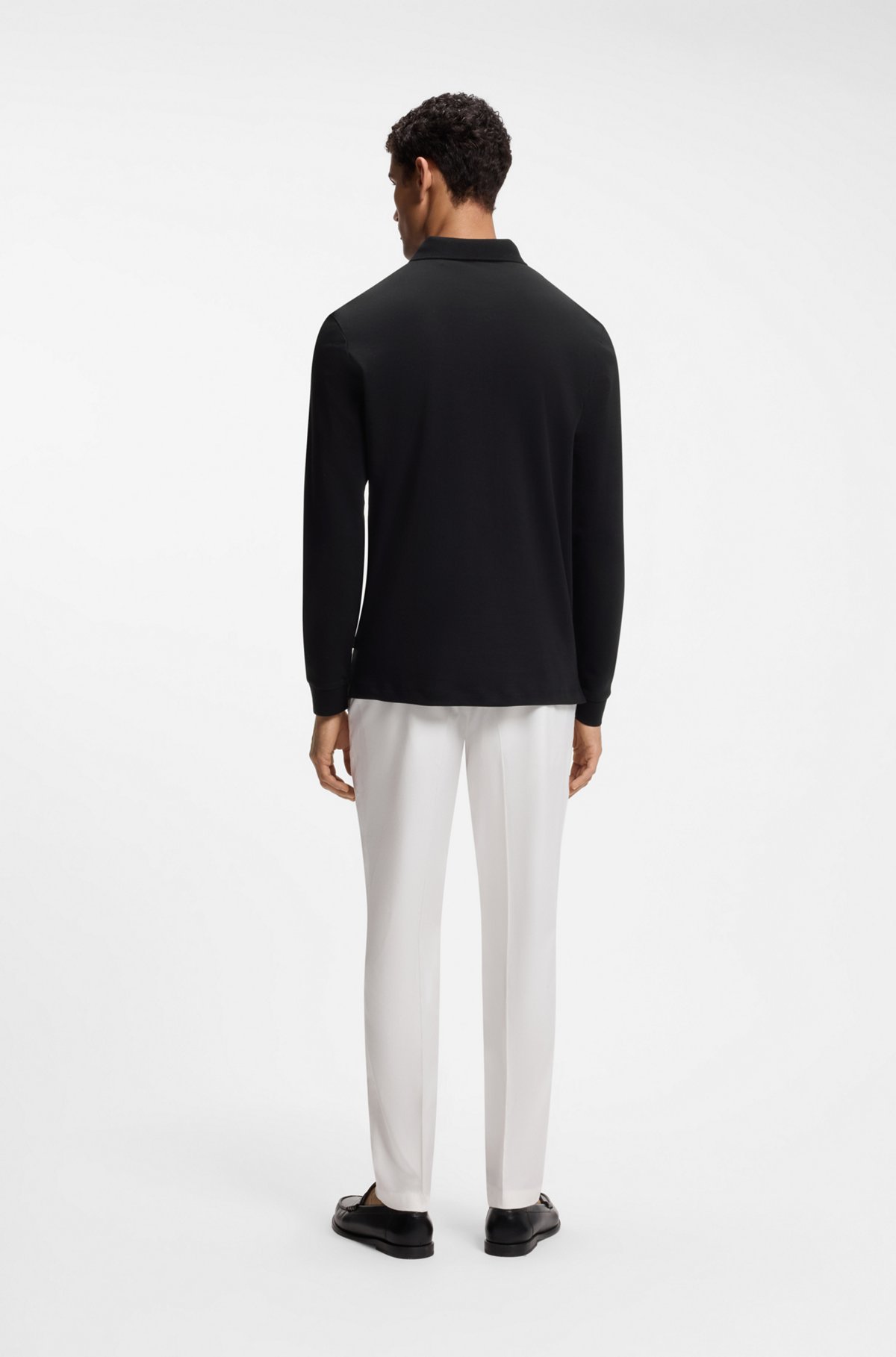 Long-sleeved polo shirt in interlock cotton with logo, Black
