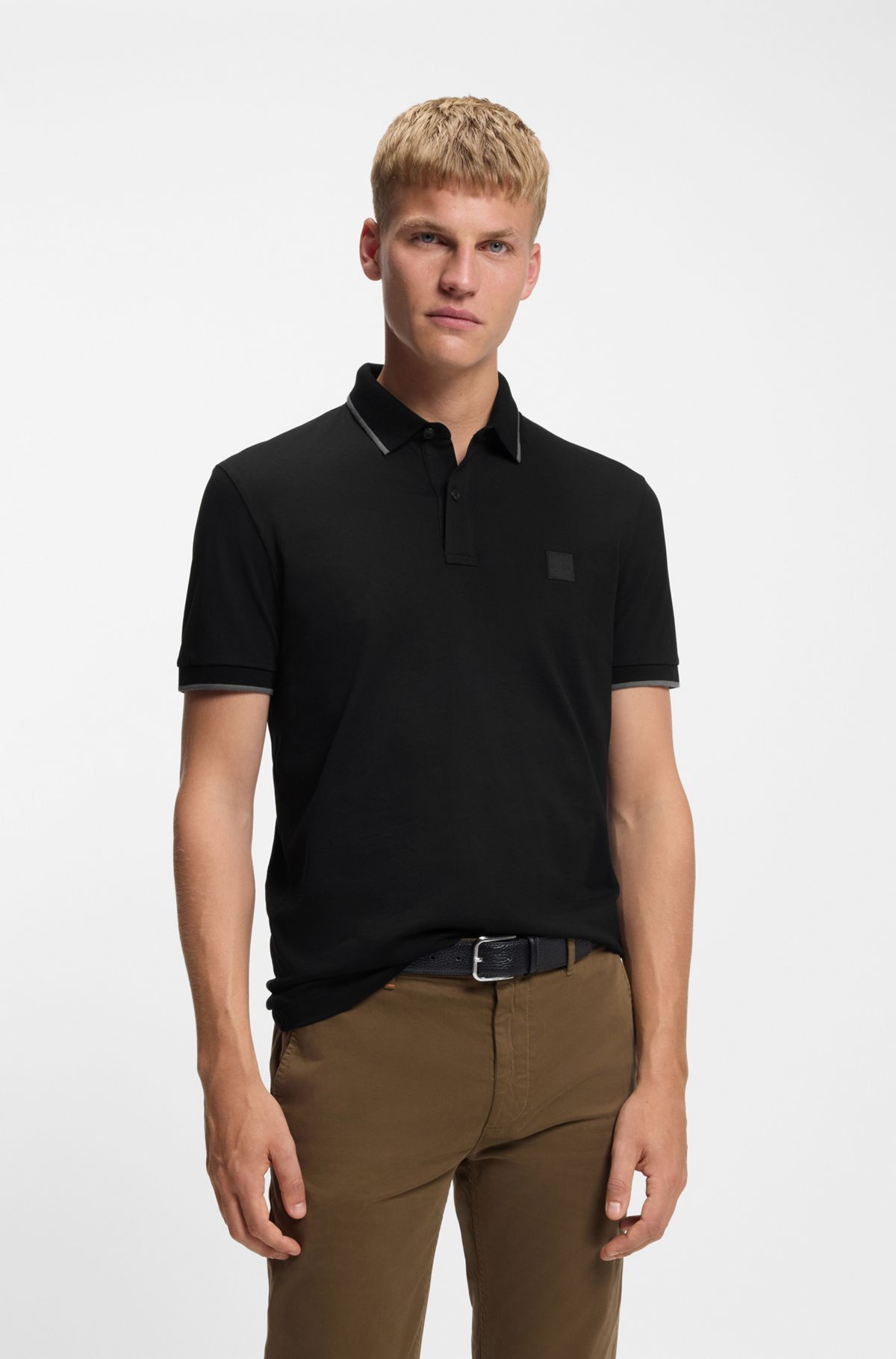 Slim-fit polo shirt in stretch-cotton piqué, Black