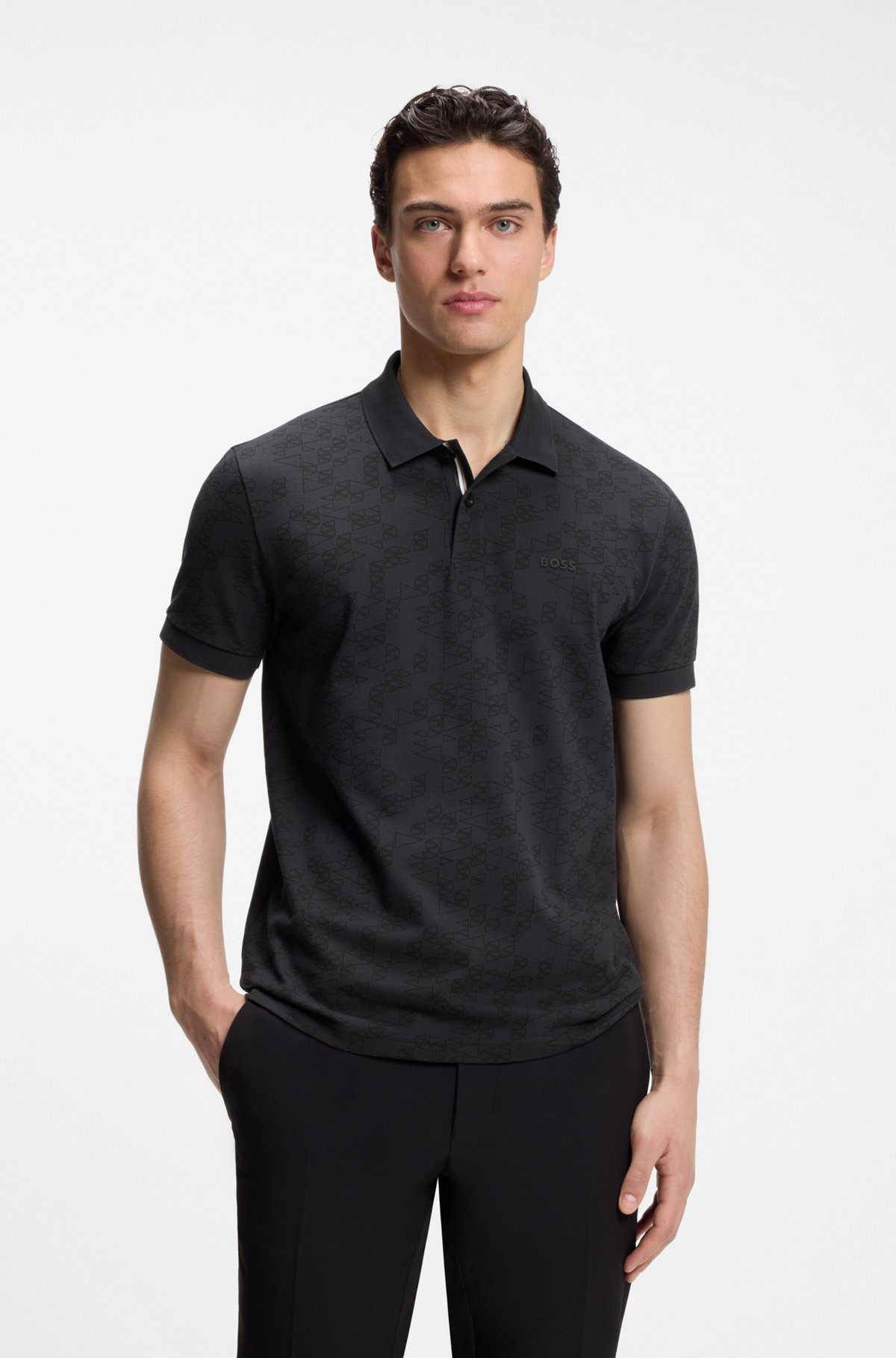 Cotton-piqué polo shirt with all-over print, Dark Blue