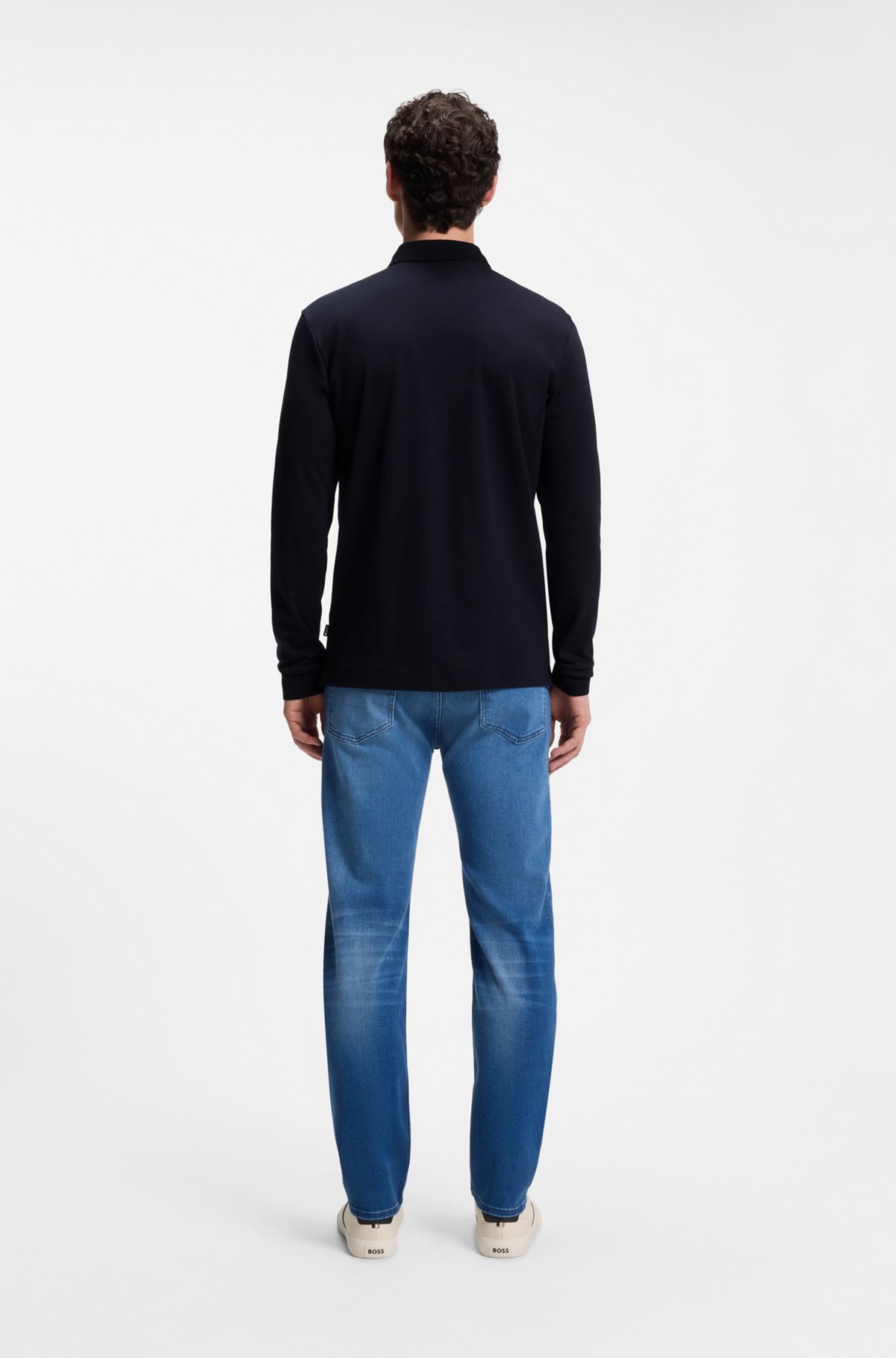 Long-sleeved polo shirt in interlock cotton with logo, Dark Blue