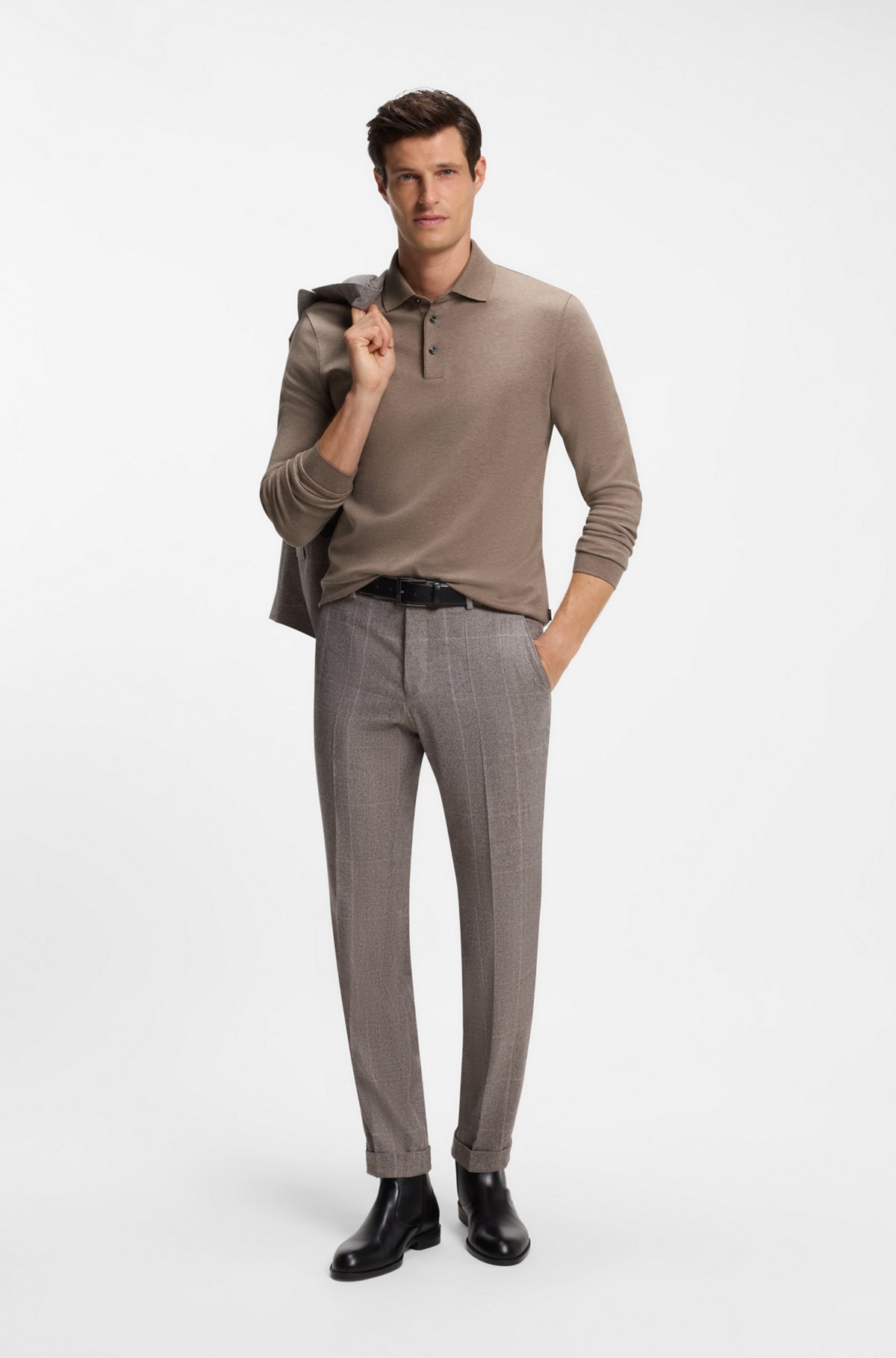 Long-sleeved polo shirt in interlock cotton with logo, Light Brown